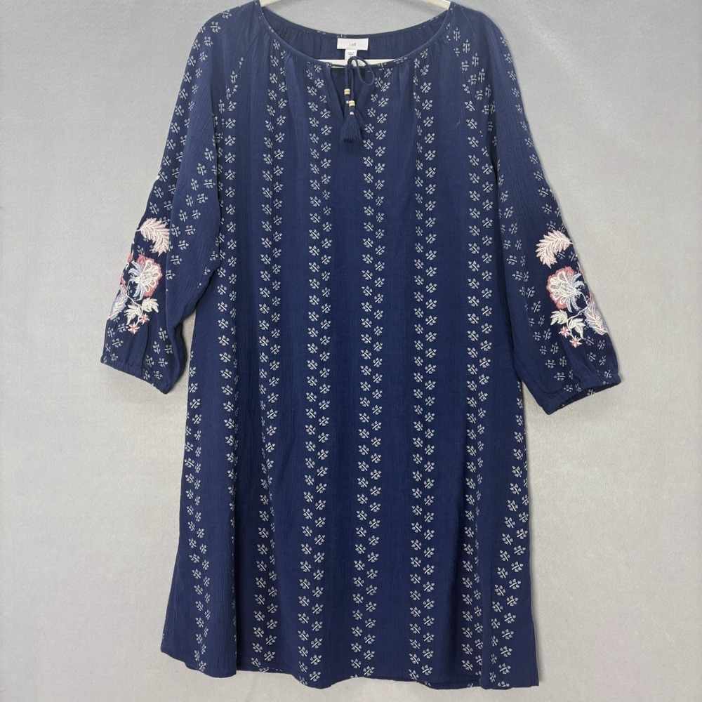 J. Jill Floral Embroidered Dress Medium Peasant‎ Tunic Blue Batik Floral Boho